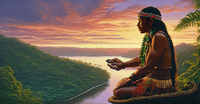 An indigenous shaman in ceremonial attire prepares ayahuasca in a lush Amazonian landscape at dusk, with a river reflecting the sunset.
