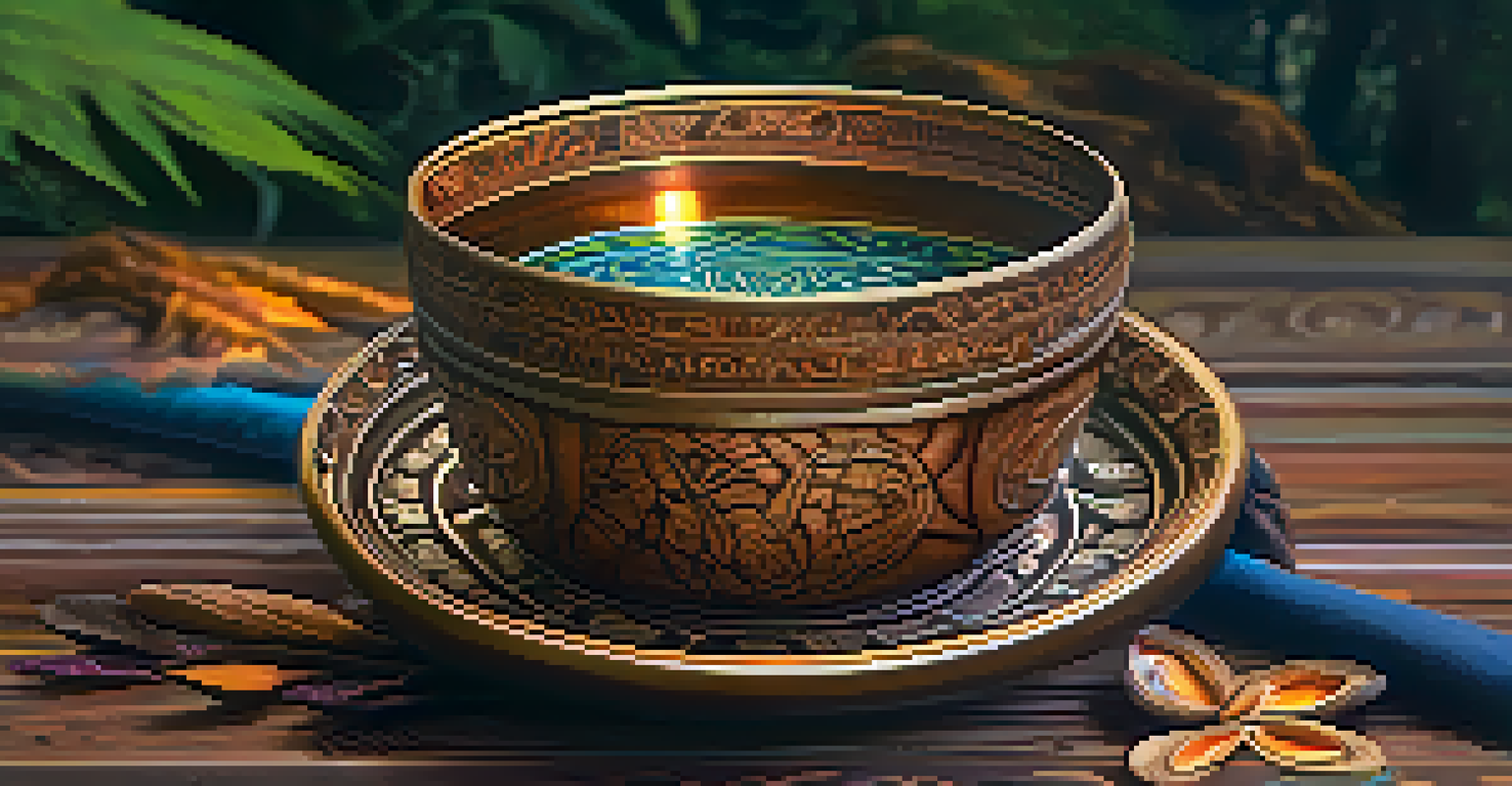 A close-up of an intricately carved ceremonial cup filled with ayahuasca brew, set against a softly lit natural backdrop.