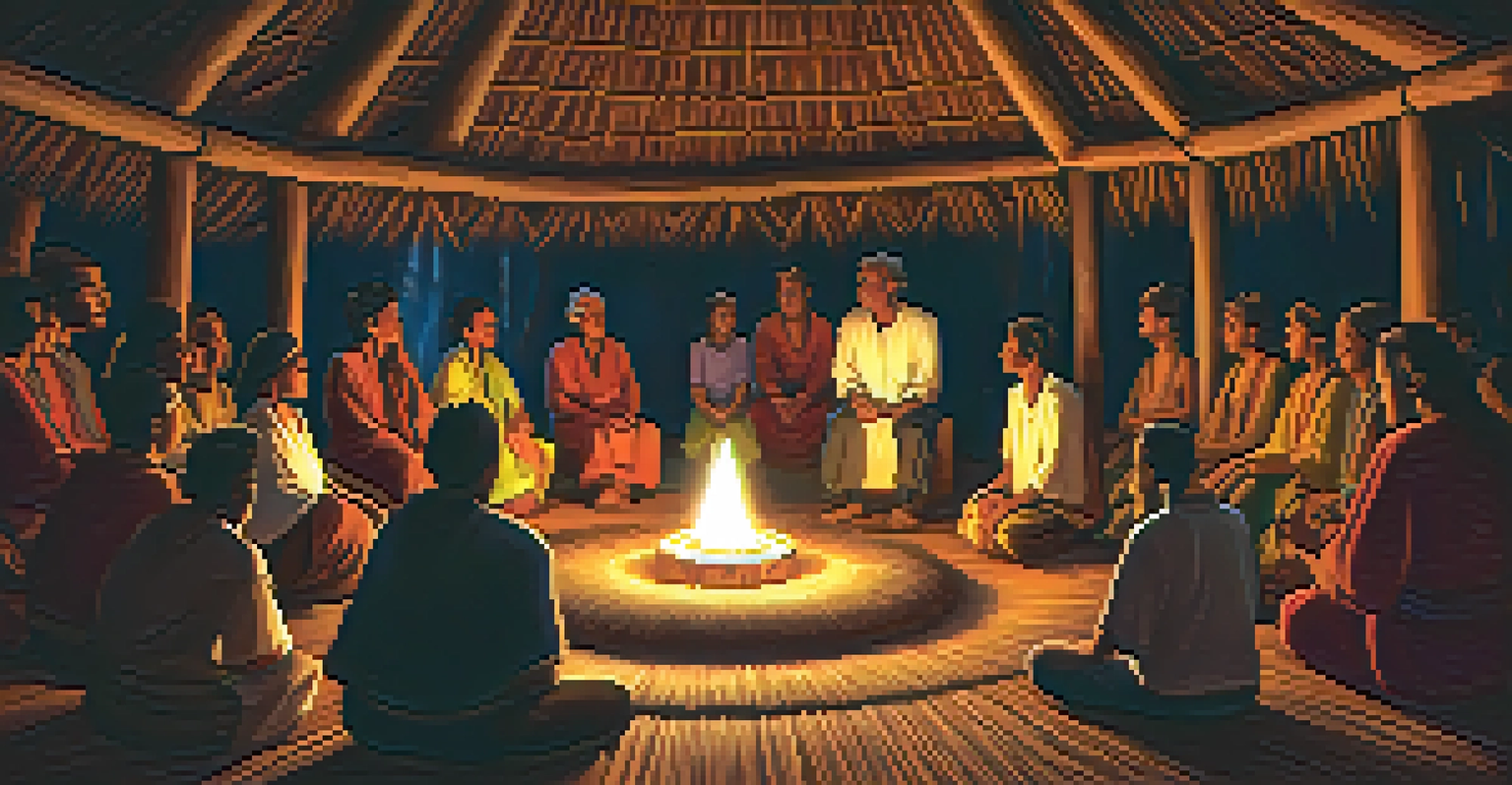 An intimate ayahuasca ceremony in a wooden hut, with participants and an Indigenous shaman surrounded by soft lantern light.