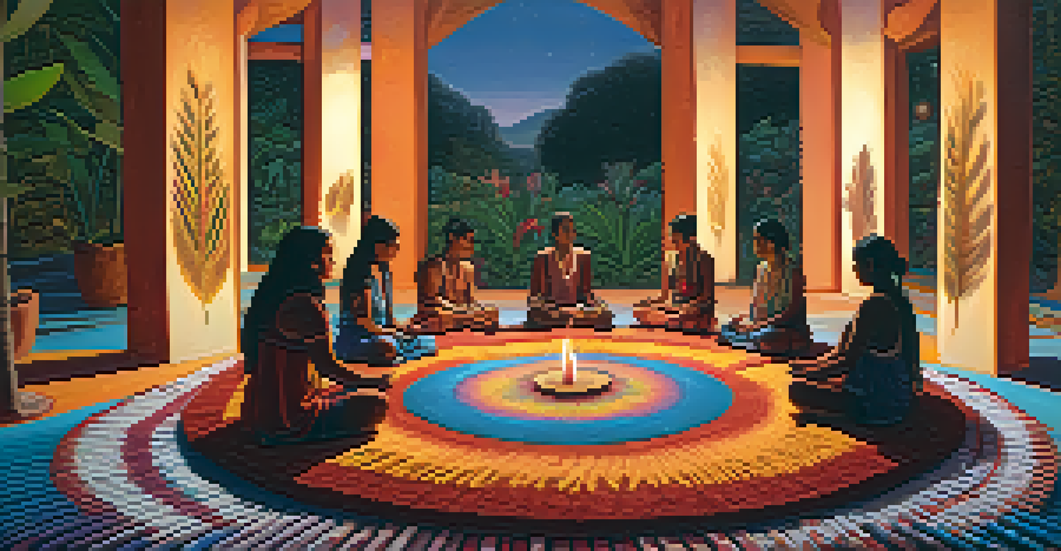 An Ayahuasca ceremony with participants in meditation, seated in a circle on woven mats, illuminated by candlelight.
