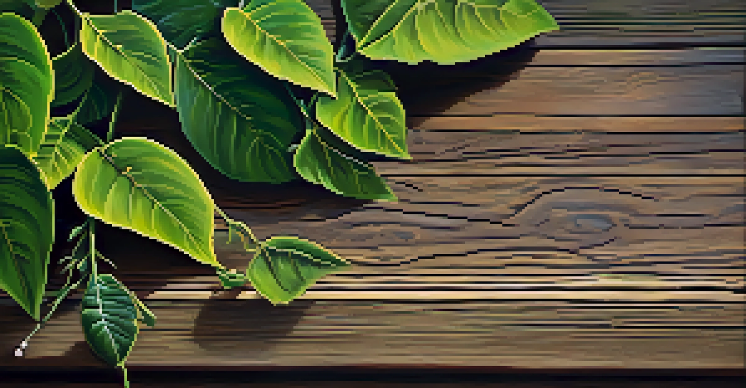 Close-up of ayahuasca vine and chacruna leaves on a wooden table, showcasing their vibrant green colors and textures.