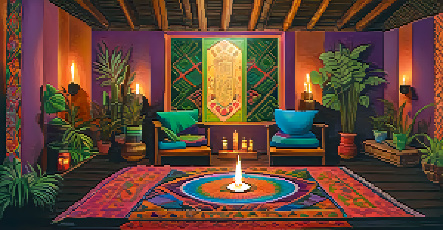 A cozy room set up for an ayahuasca ceremony with soft lighting, textiles, and a decorated altar.