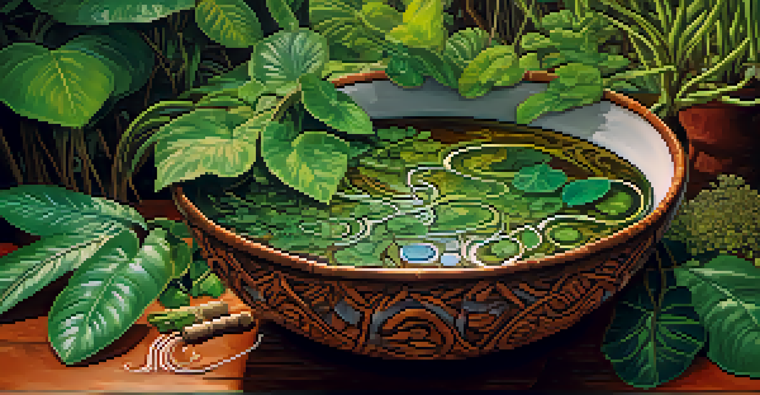 A close-up of Ayahuasca brew in a traditional bowl, surrounded by fresh leaves of the Banisteriopsis caapi vine and other plants, with a focus on rich colors and textures.
