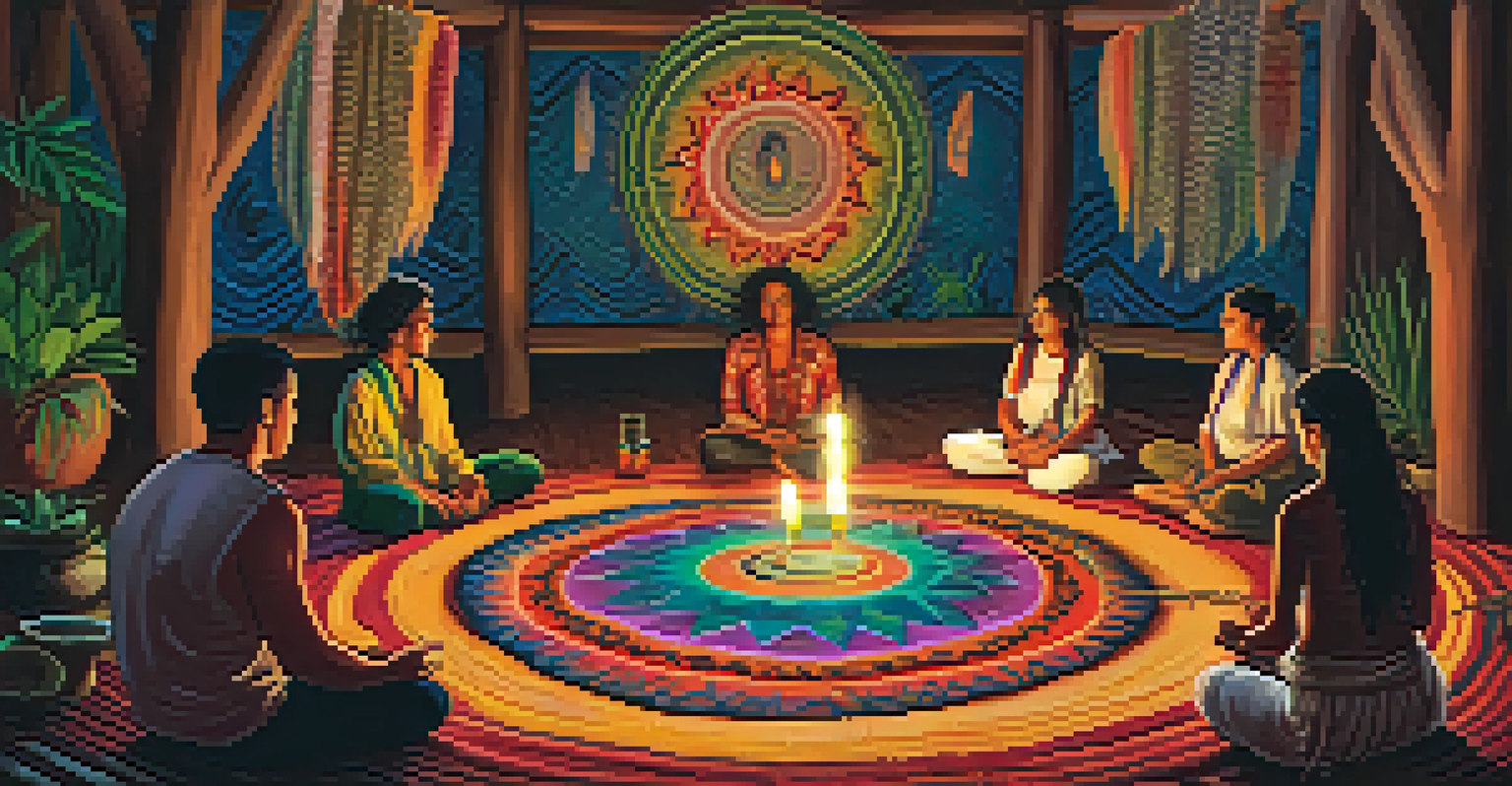 An intimate ayahuasca ceremony with participants sitting in a circle on woven mats, surrounded by candles and indigenous artwork.