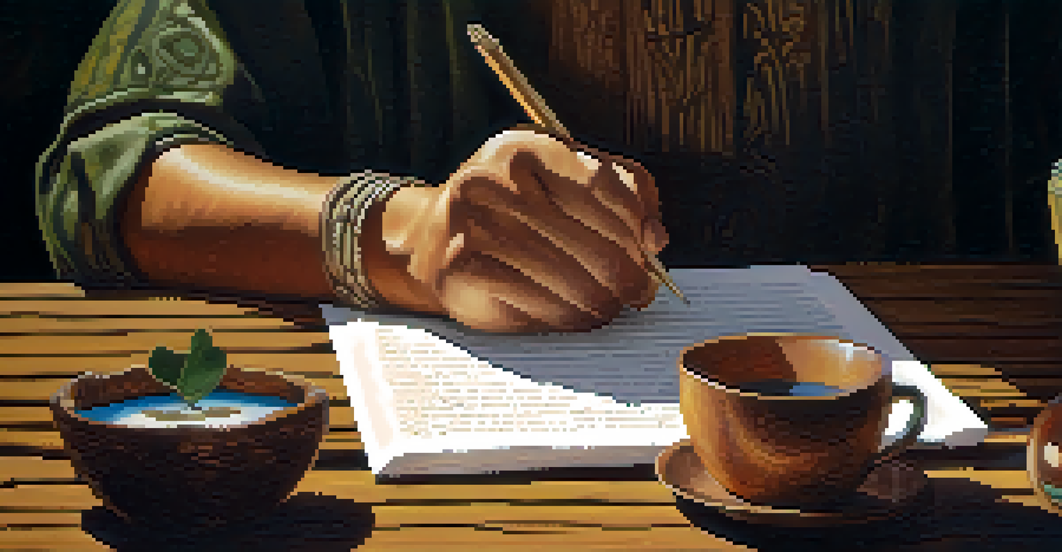 A close-up of a person writing their intention before an Ayahuasca ceremony, with soft light and natural elements in the background.