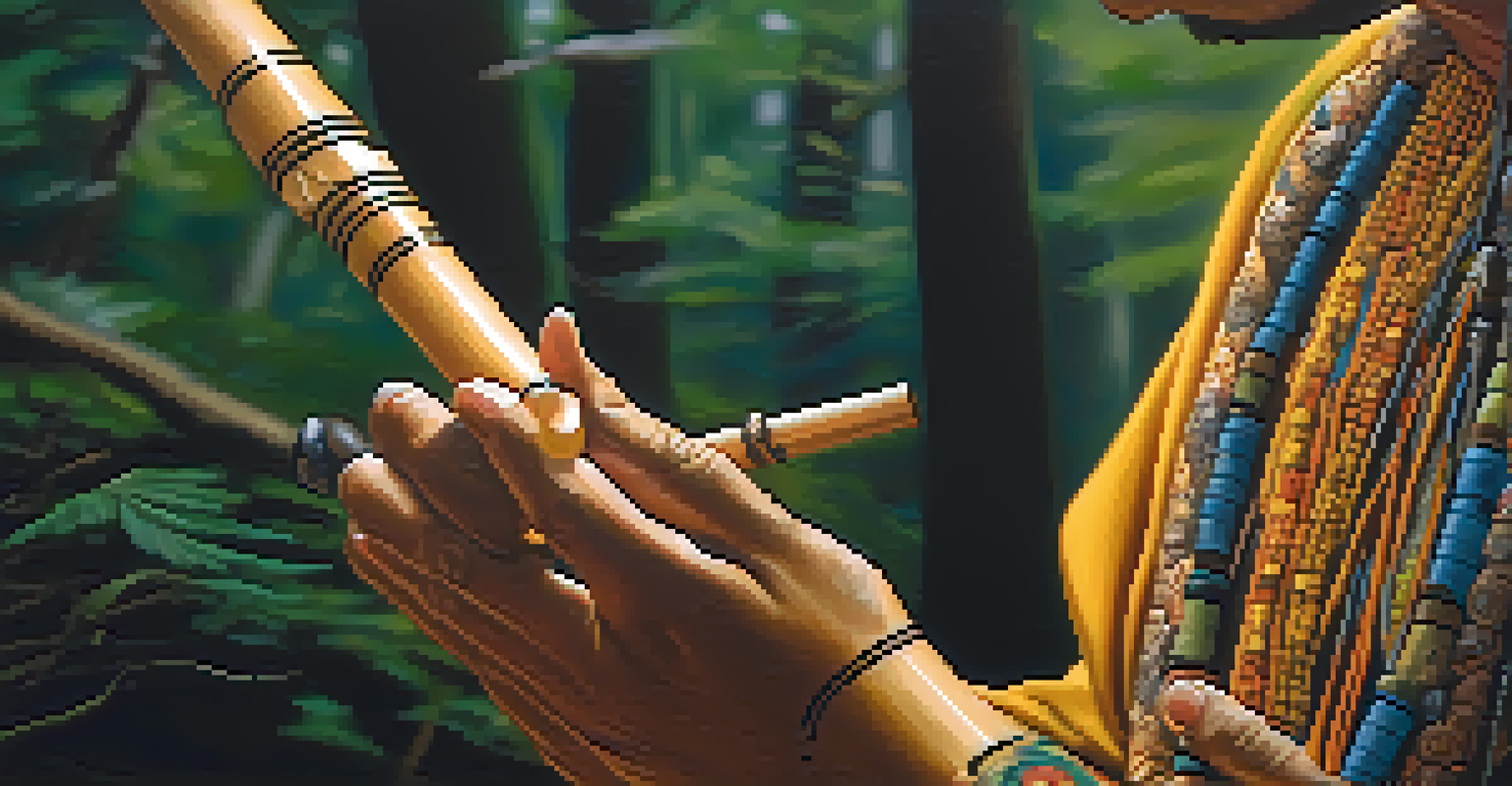 A shaman playing a wooden flute, with musical notes and a blurred forest background.