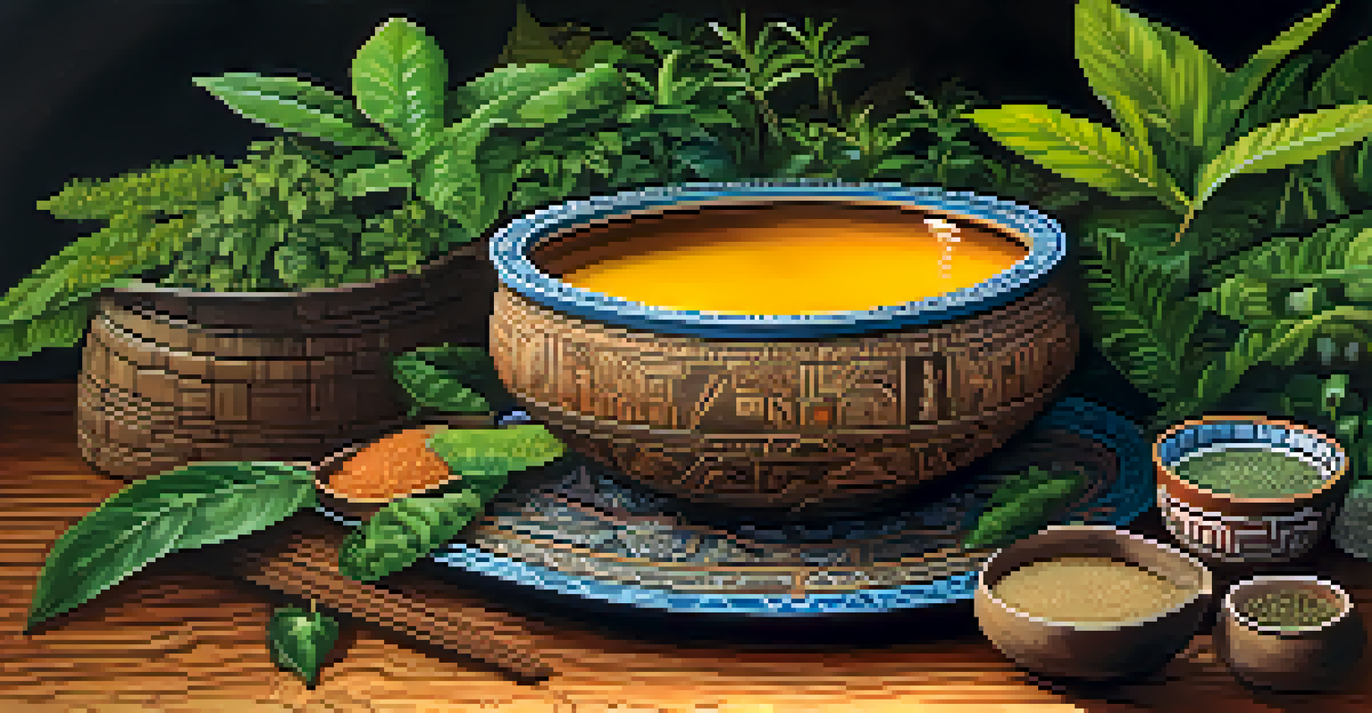 A close-up of a traditional Ayahuasca brew in a ceramic bowl surrounded by plants on a wooden table.