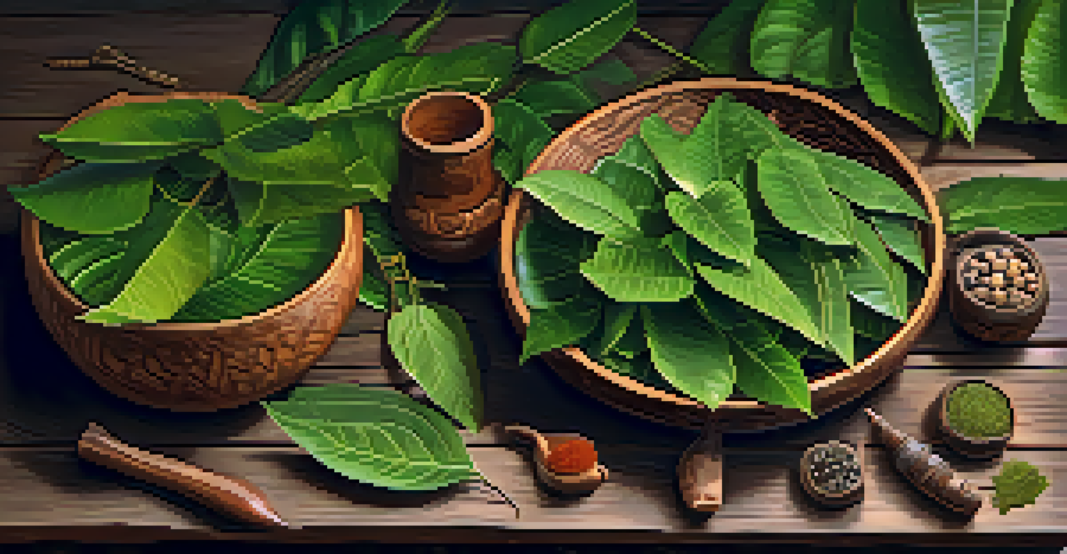 A close-up of Ayahuasca ingredients arranged on a rustic wooden table, showcasing vibrant leaves and a brown vine.