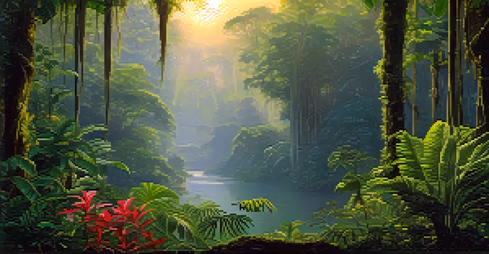 A peaceful Amazon rainforest scene at dawn with bright green foliage and sunlight streaming through the trees, highlighting the Banisteriopsis caapi vine.