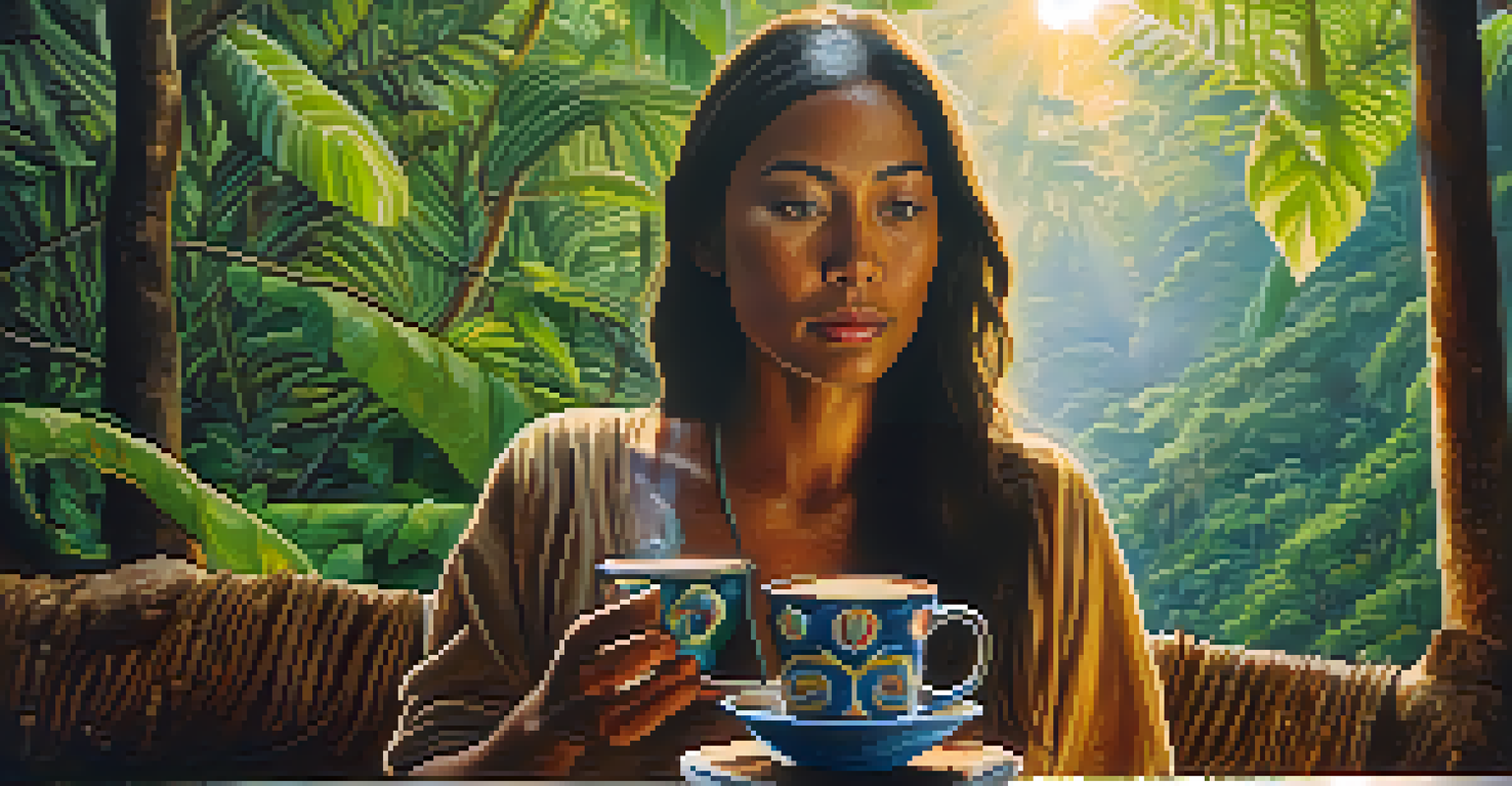 A close-up of a person holding a cup of Ayahuasca in a jungle setting, looking contemplative.