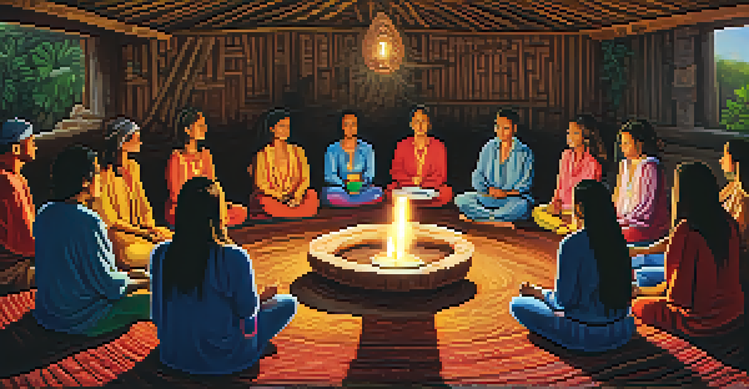 A cozy room with participants in an Ayahuasca ceremony, sitting in a circle with cups, surrounded by colorful tapestries and flickering candles.