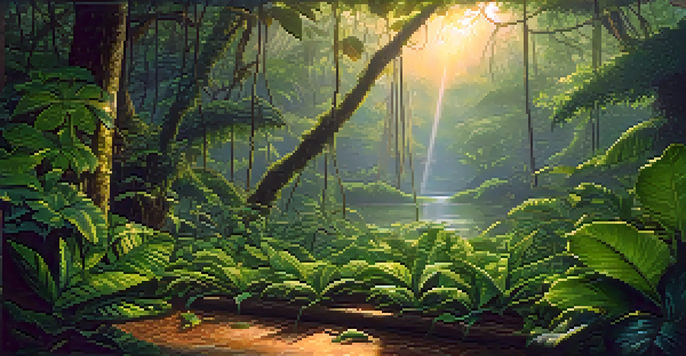 A peaceful Amazon rainforest at dawn with mist and a traditional Ayahuasca brew setup on a wooden table surrounded by lush greenery.