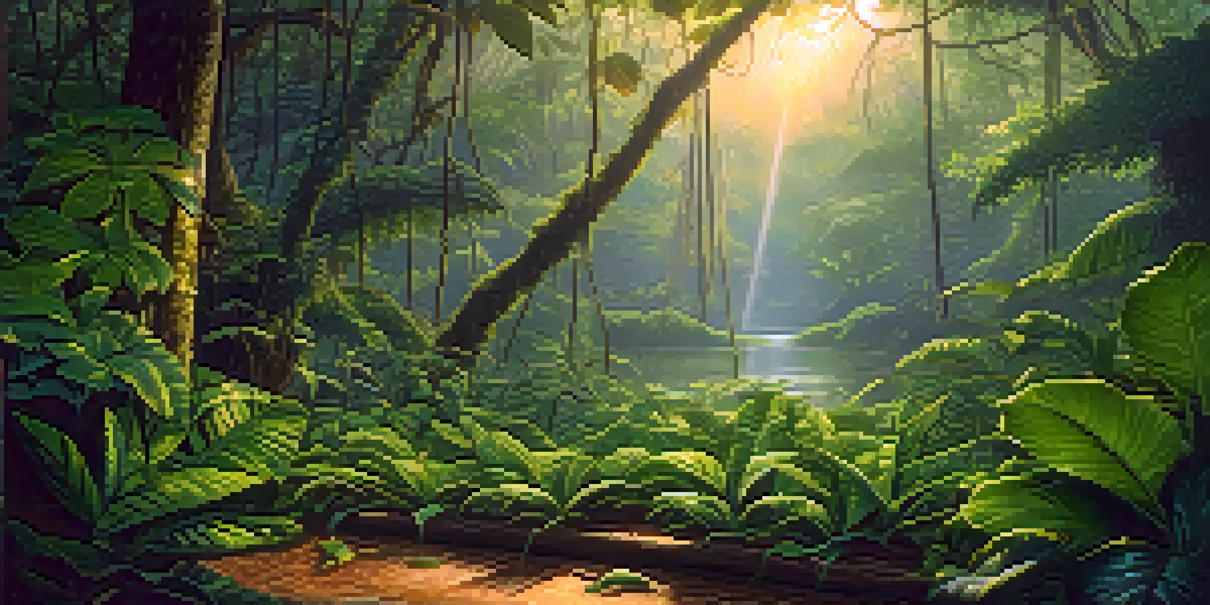 A peaceful Amazon rainforest at dawn with mist and a traditional Ayahuasca brew setup on a wooden table surrounded by lush greenery.