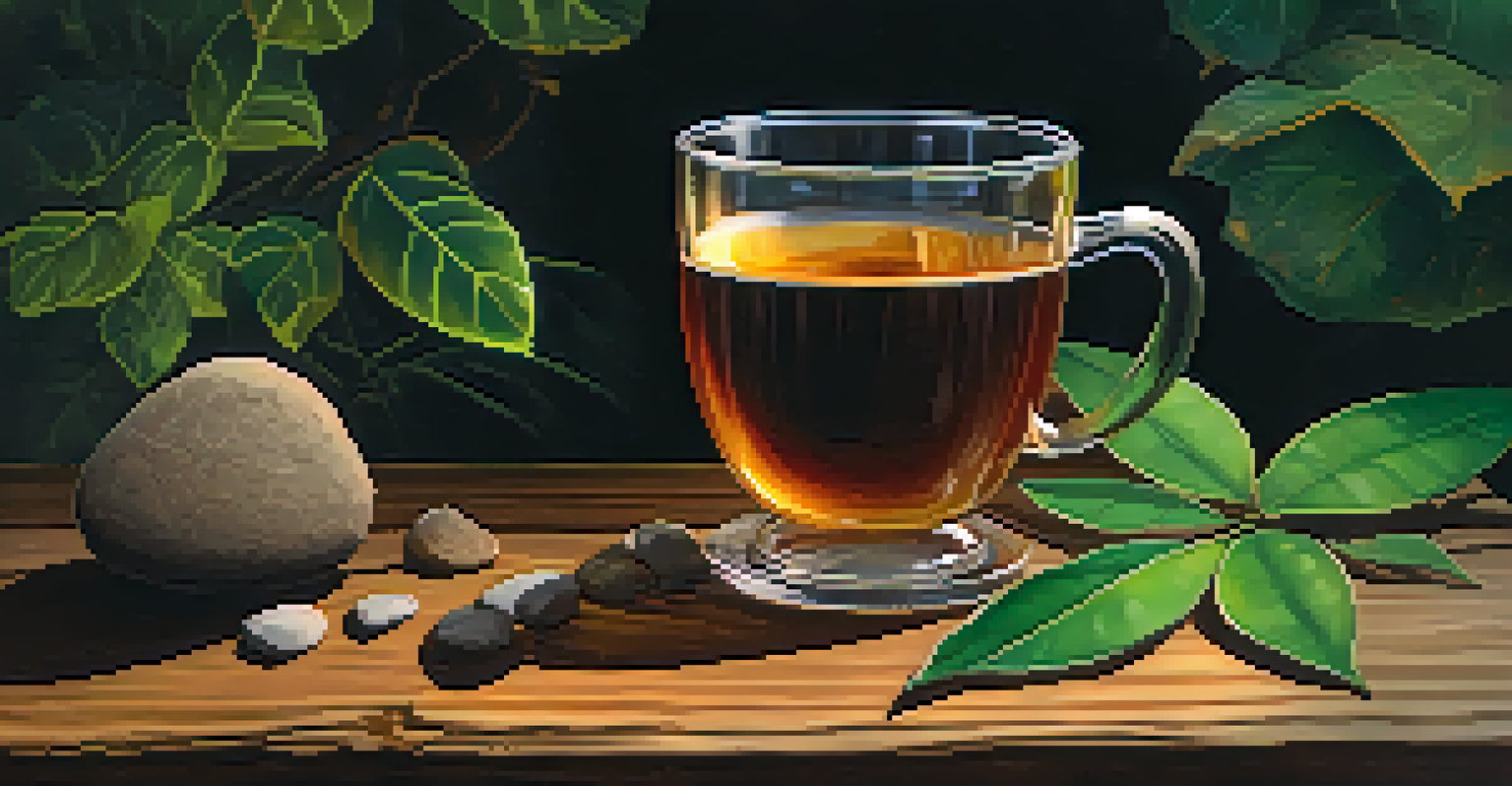 A close-up of a cup of Ayahuasca tea on a wooden table with natural decor.