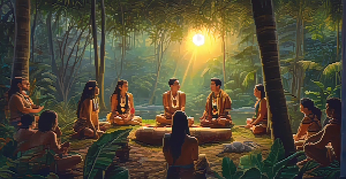 A serene Amazonian jungle at dusk with a group of people in a circle engaged in an Ayahuasca ceremony, led by an indigenous shaman.
