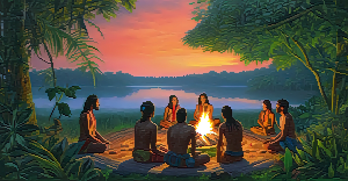 An Amazon rainforest scene at twilight with a group participating in an Ayahuasca ceremony around a fire, showcasing their introspective expressions.