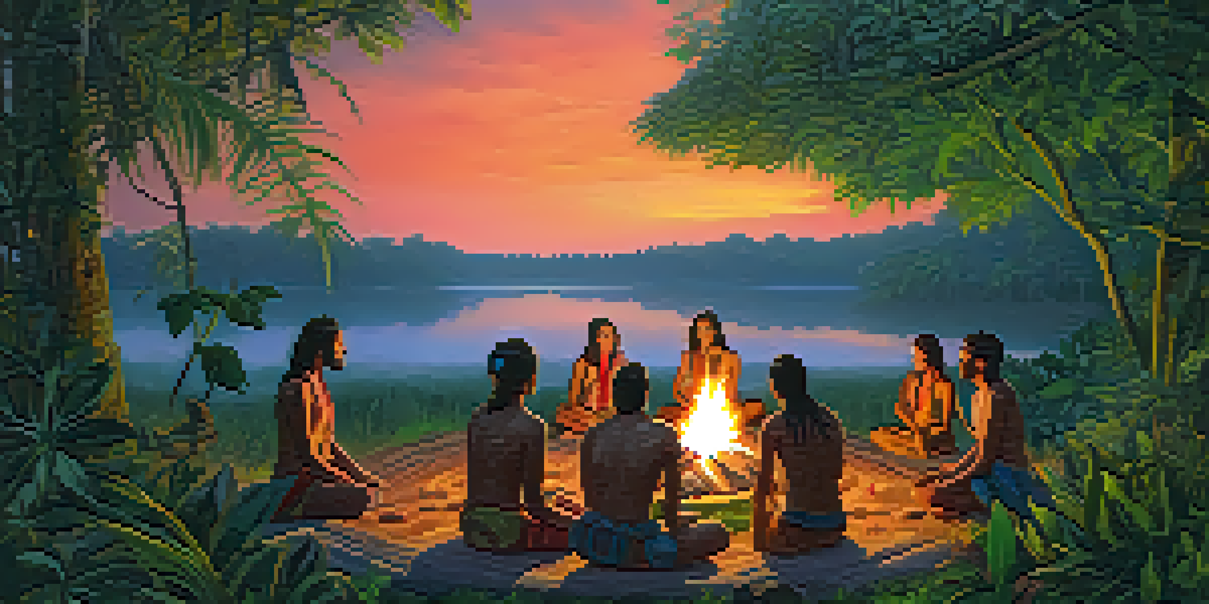 An Amazon rainforest scene at twilight with a group participating in an Ayahuasca ceremony around a fire, showcasing their introspective expressions.