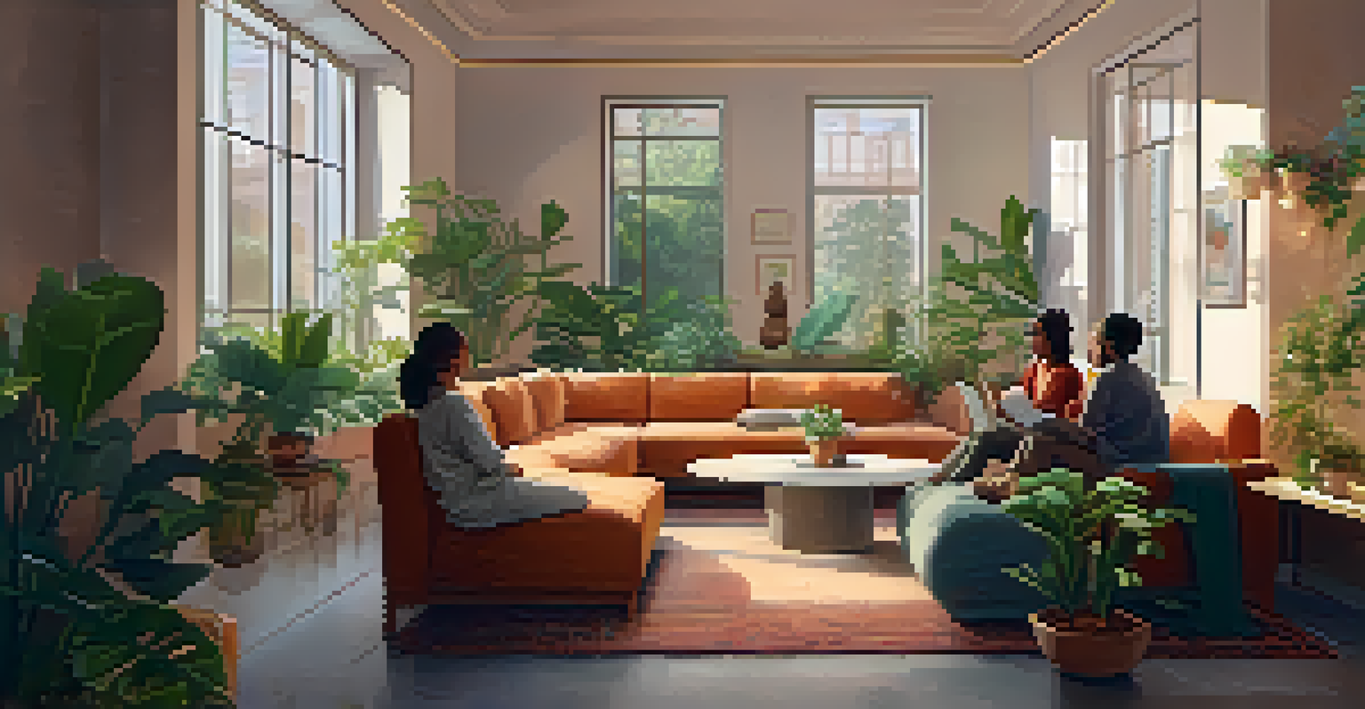 A cozy indoor setting with people sharing stories in a warm and inviting atmosphere, surrounded by plants and soft lighting.