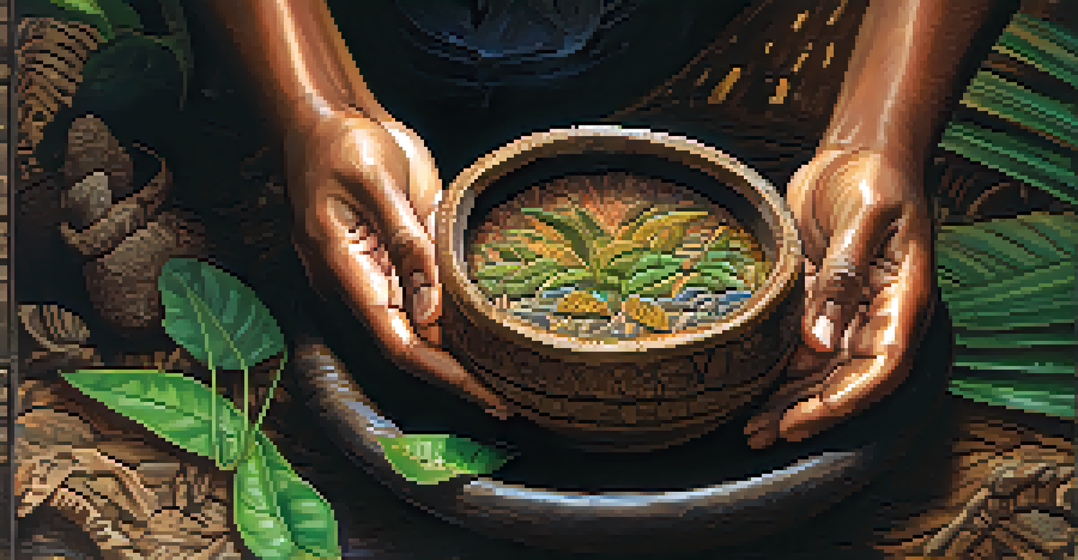 Close-up of hands holding a rustic bowl containing Ayahuasca brew, surrounded by natural foliage.