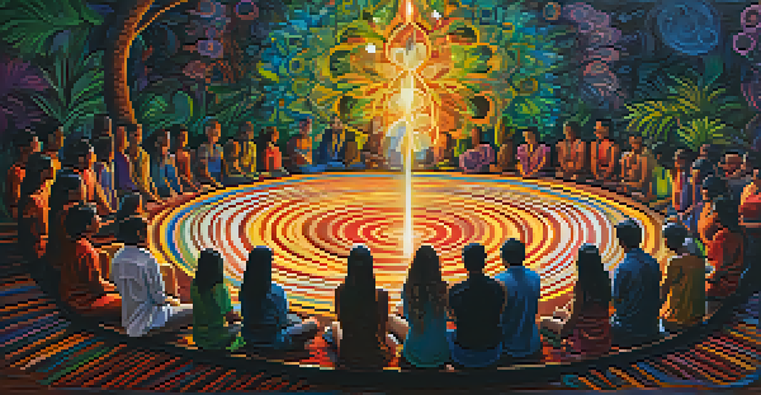 An abstract art piece illustrating the transformative journey of individuals during an Ayahuasca ceremony, with swirling colors and silhouettes in the background.