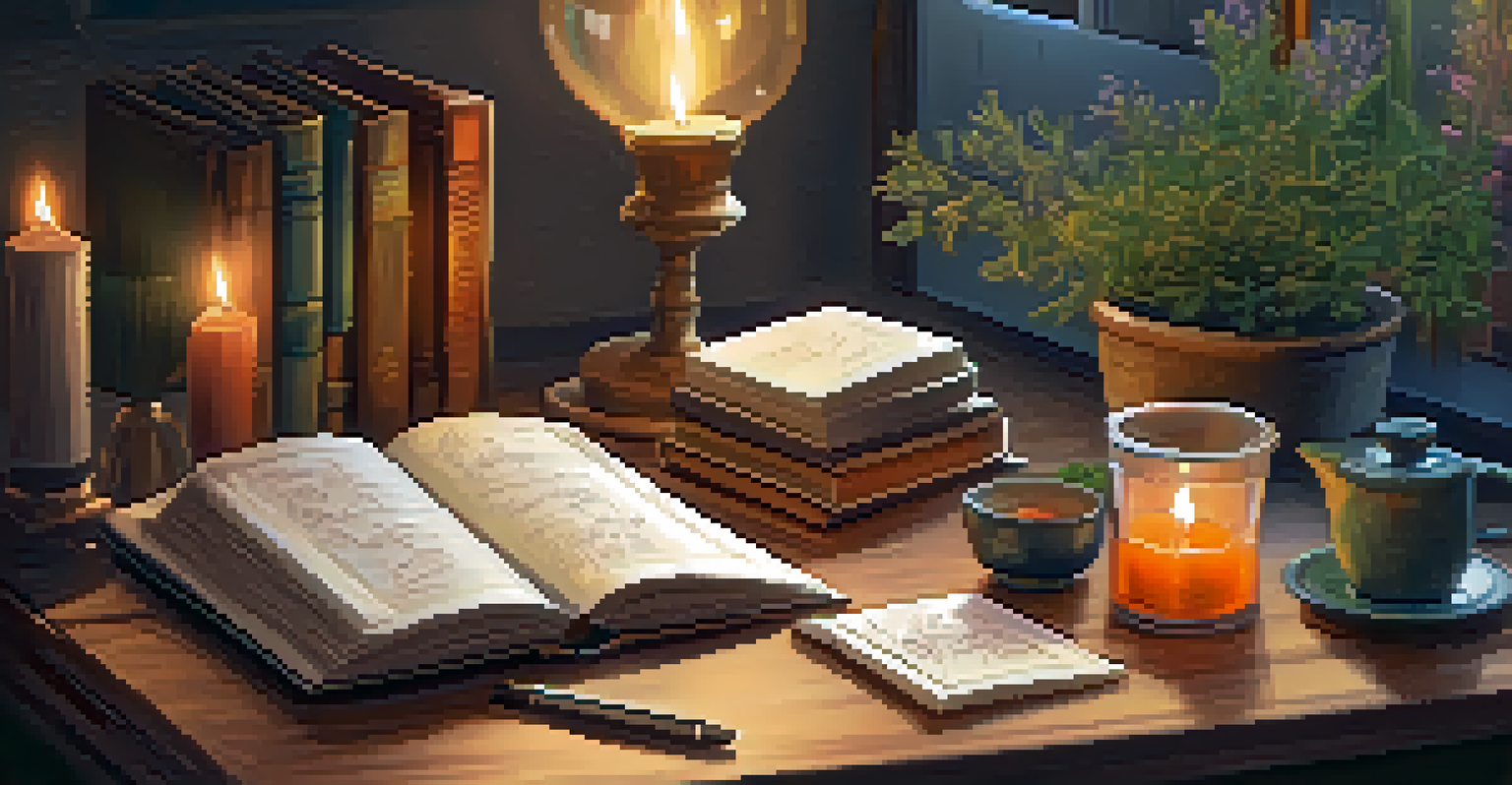 A cozy indoor journaling setup with candles, tea, and an open journal on a wooden desk.