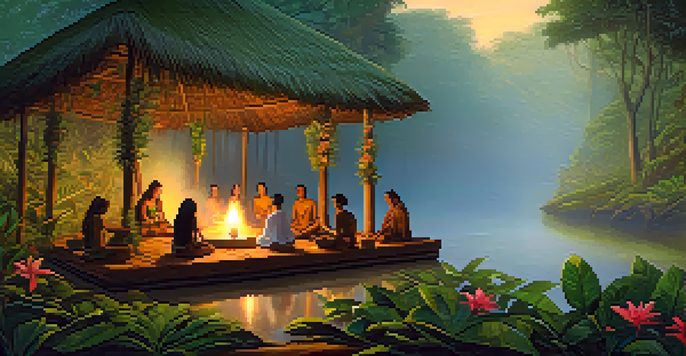 A tranquil scene of an Ayahuasca ceremony in the Amazon rainforest at dawn, with participants in a circle surrounded by nature.