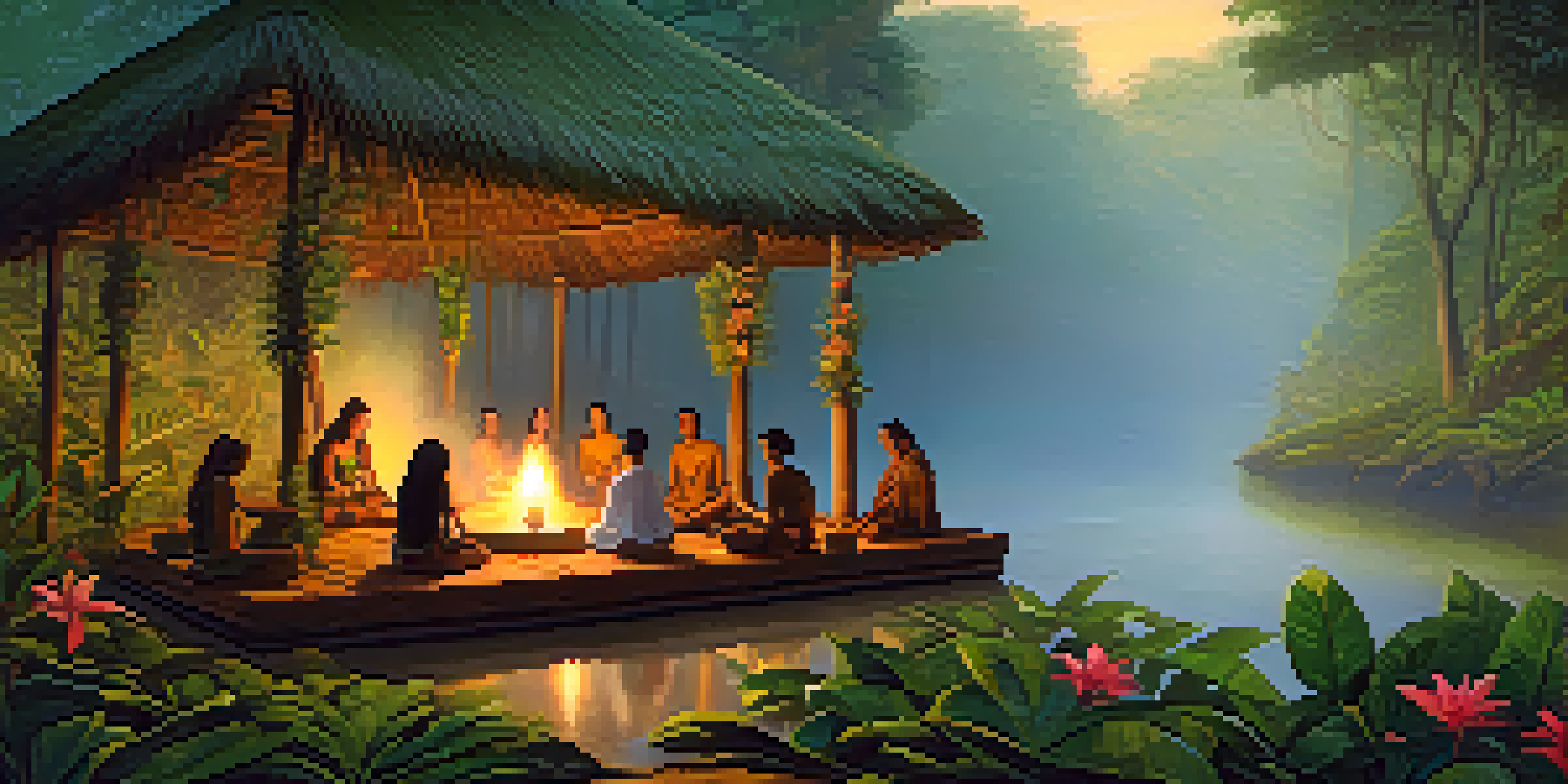 A tranquil scene of an Ayahuasca ceremony in the Amazon rainforest at dawn, with participants in a circle surrounded by nature.