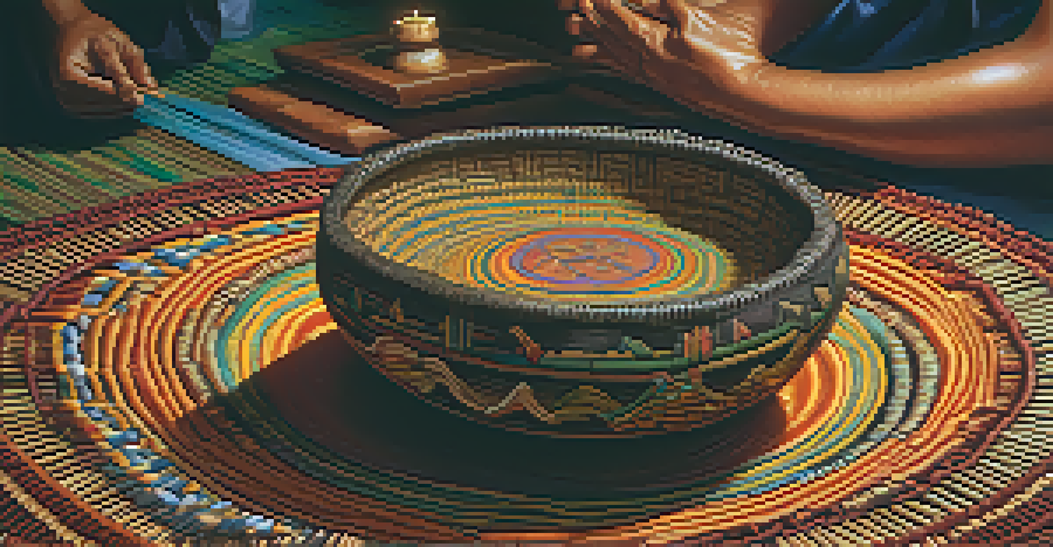 A ceremonial bowl with Ayahuasca brew on a woven mat, with blurred participants in the background.