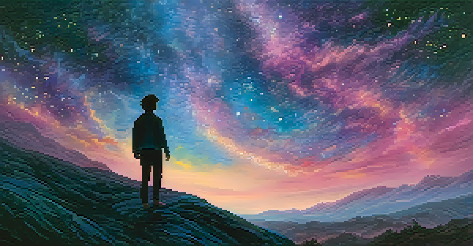 A silhouette of a person standing on a hilltop at night with arms raised towards a vibrant, swirling galaxy and twinkling stars in the sky.