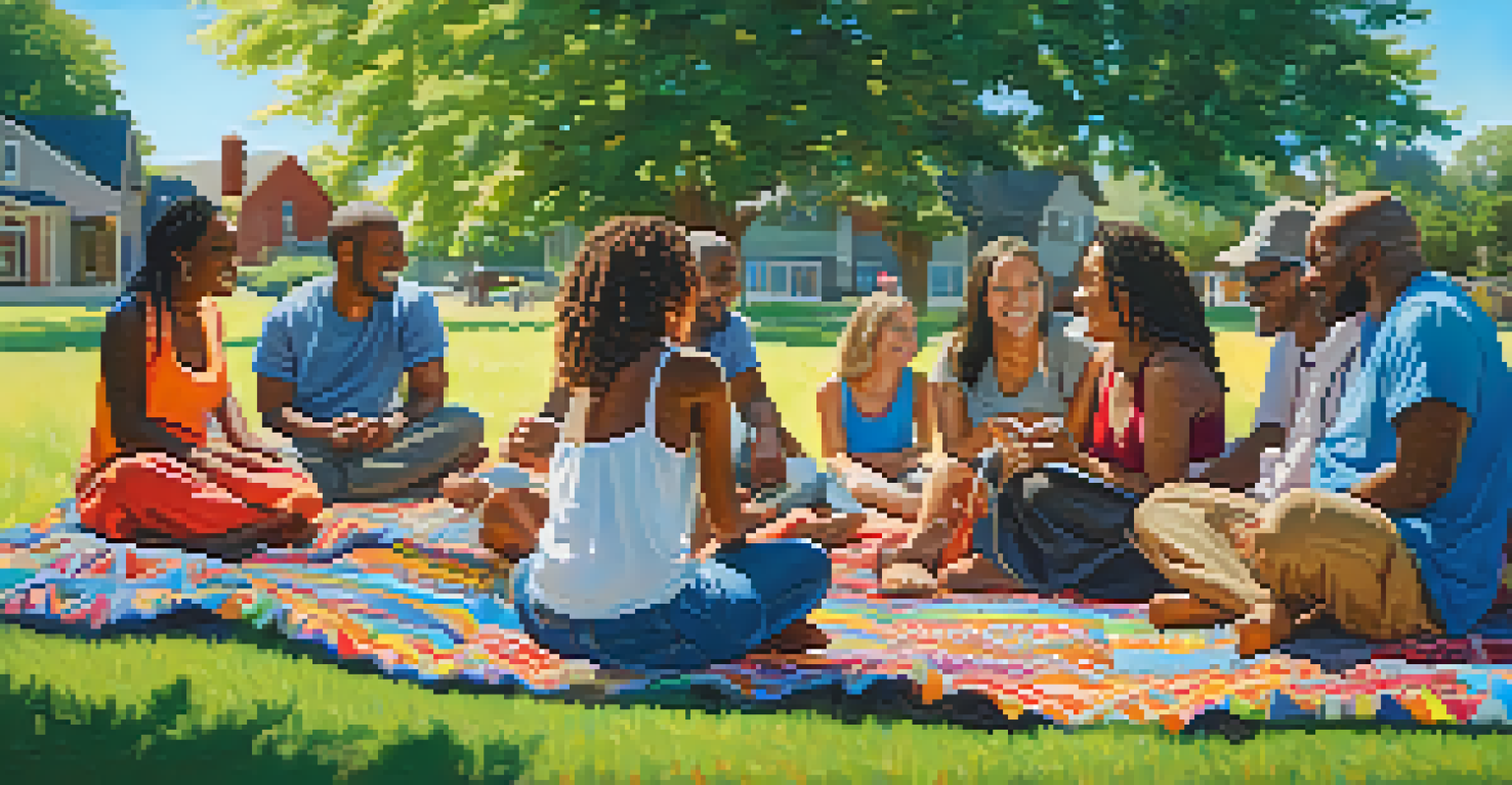 A group of people sitting in a circle outdoors, sharing and connecting in a sunny environment.