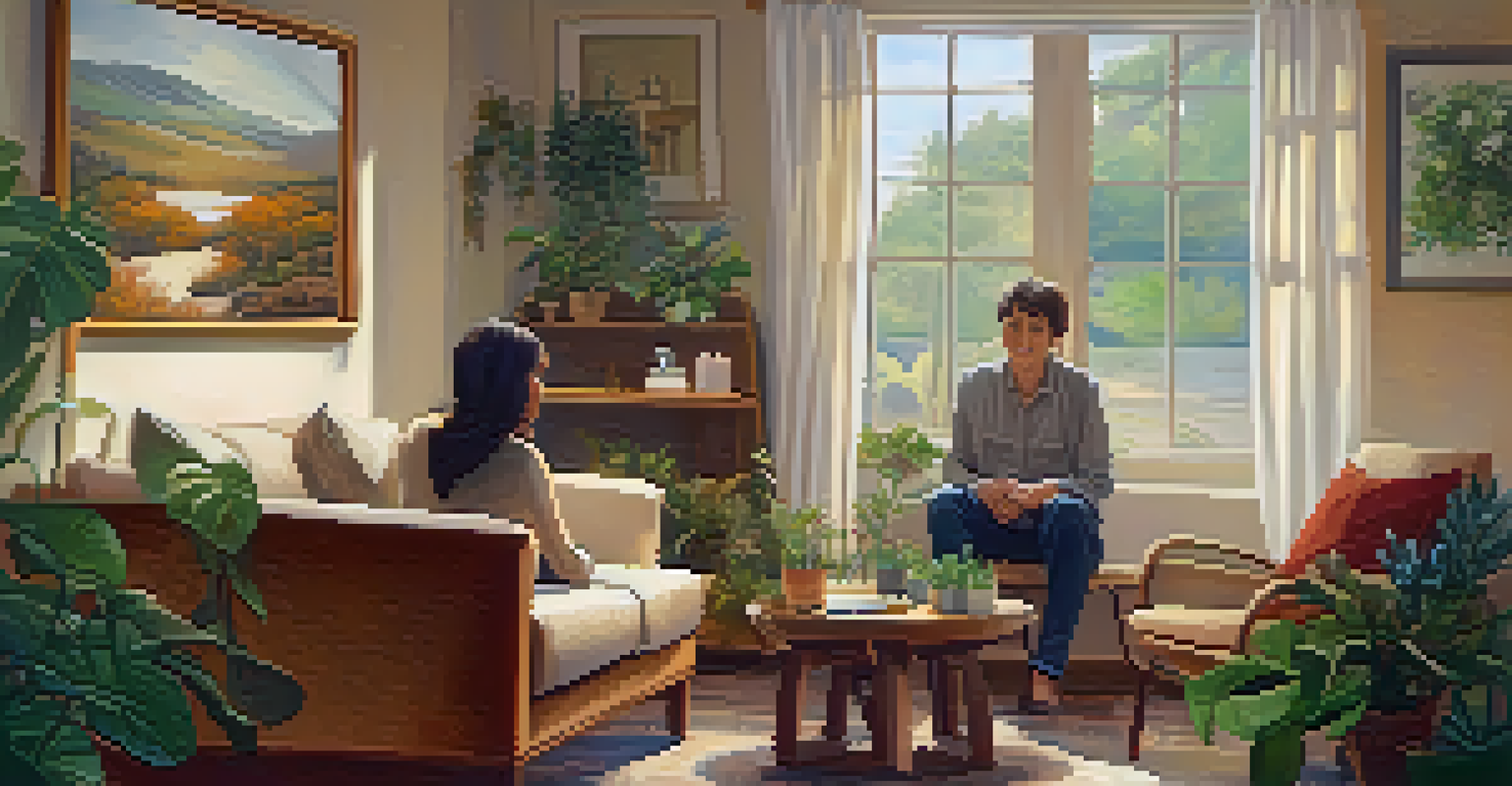 A therapist listens attentively to a participant in a cozy, softly lit room, creating a warm and nurturing atmosphere.