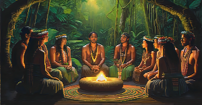 A shaman in traditional attire leads an Ayahuasca ceremony in the Amazon rainforest, surrounded by participants and illuminated by candlelight.