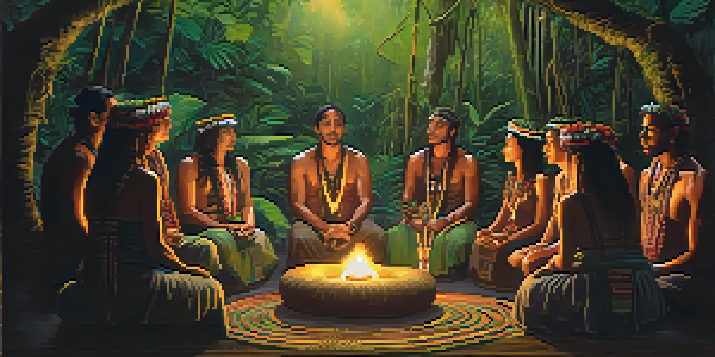 A shaman in traditional attire leads an Ayahuasca ceremony in the Amazon rainforest, surrounded by participants and illuminated by candlelight.