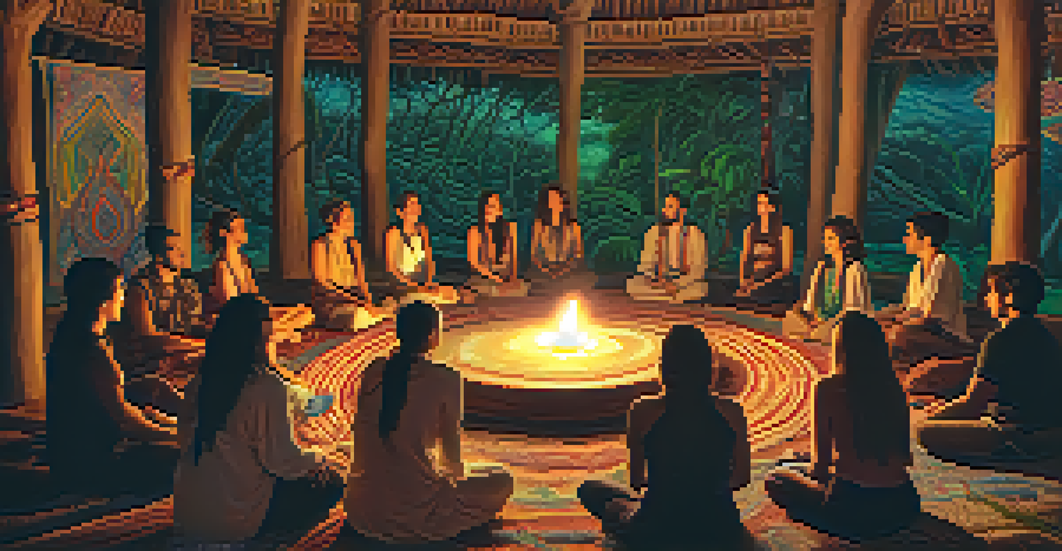 A group of people sitting in a circle during an Ayahuasca ceremony, illuminated by candles, with a shaman leading the session in a room decorated with colorful tapestries.