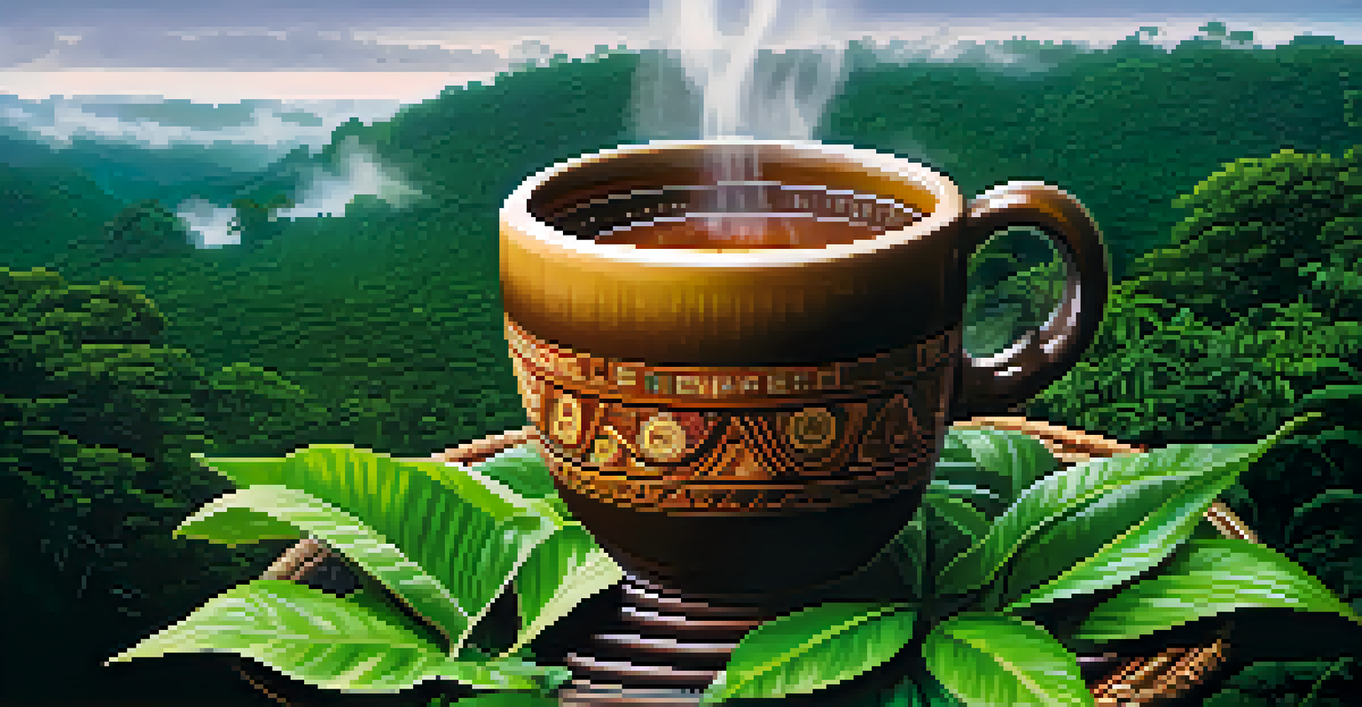 A close-up of Ayahuasca brew in a cup with steam, set against a blurred Amazon rainforest backdrop.