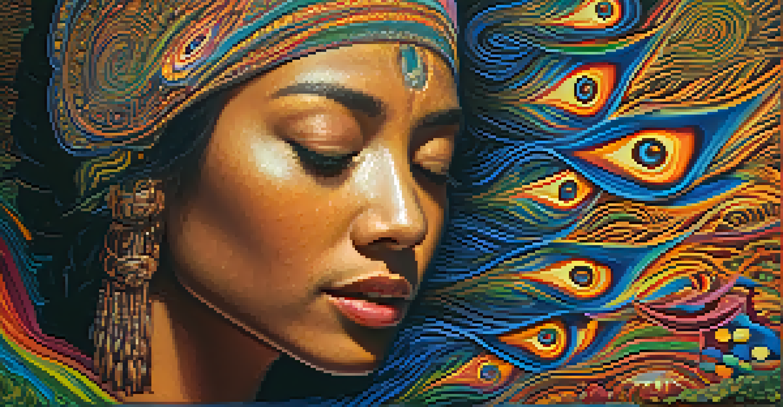 A close-up of a serene participant with closed eyes during an Ayahuasca journey, surrounded by colorful visions and soft ambient light.