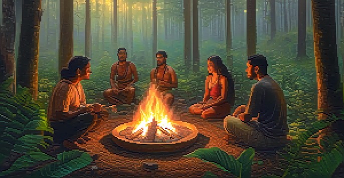 A group of diverse individuals gathered around a fire in a serene forest during dusk, engaged in a ceremonial Ayahuasca ceremony with a mystical atmosphere.