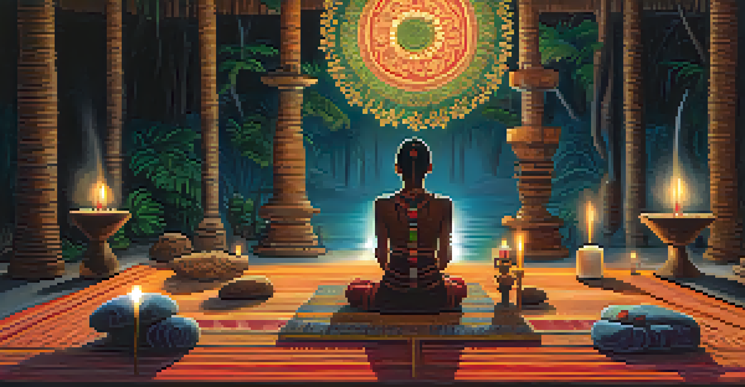 A participant in deep reflection during an Ayahuasca ceremony, sitting cross-legged on a mat with candles and indigenous artifacts around them.