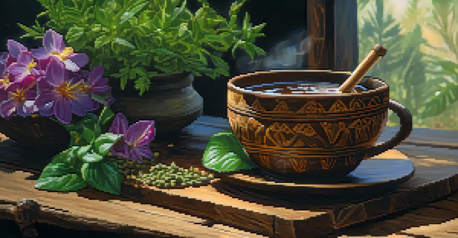 A close-up of ayahuasca brew in a rustic cup, surrounded by herbs and flowers on a wooden table.
