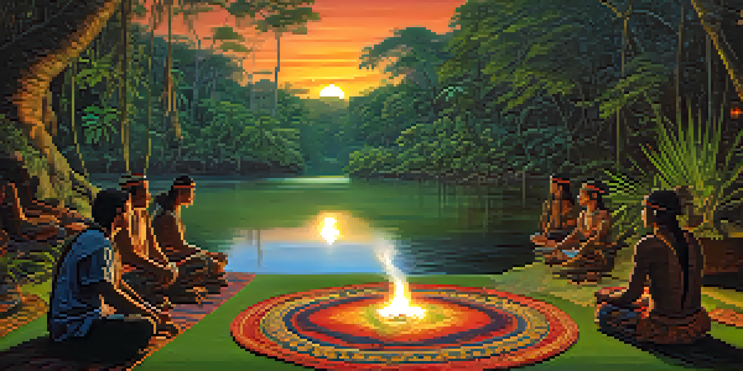 A tranquil jungle scene at sunset, showcasing an Ayahuasca ceremony with a shaman and participants in a circle, surrounded by vibrant greenery.