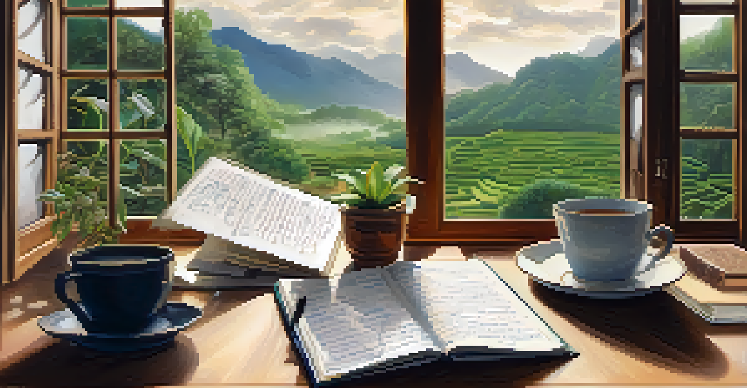 A close-up of an open journal filled with notes and sketches next to a steaming cup of tea, symbolizing reflection after an Ayahuasca journey.