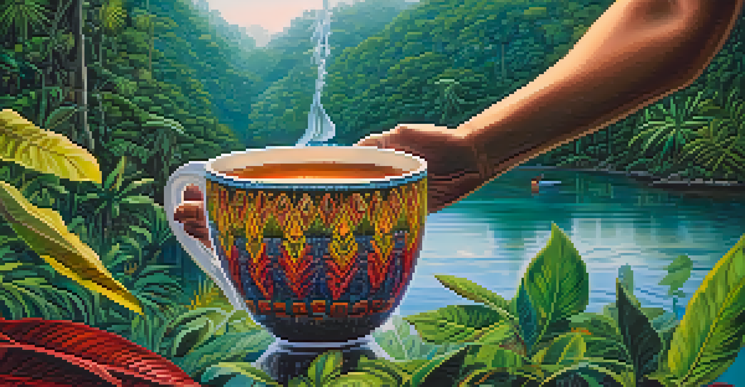 A close-up of a hand holding a cup of Ayahuasca brew, with reflections of greenery and colorful plants in the background.