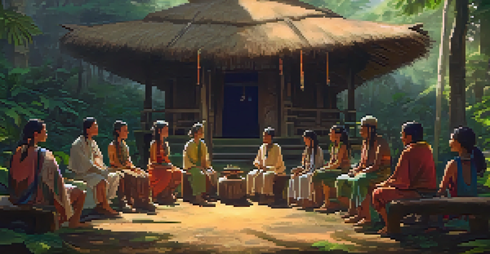 A tranquil gathering of participants in an ayahuasca retreat in the Amazon rainforest, with a shaman leading the ceremony under soft morning light.