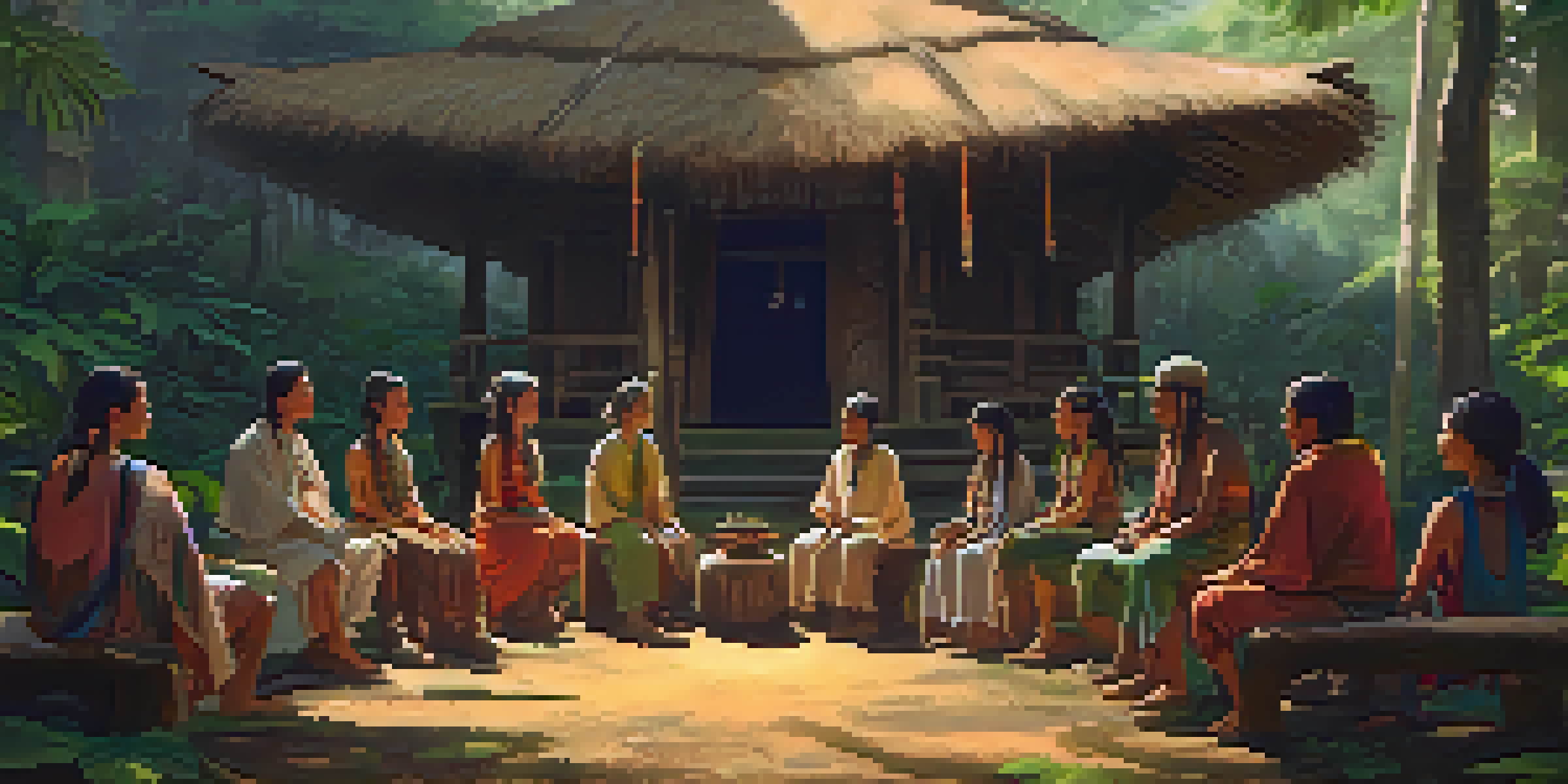 A tranquil gathering of participants in an ayahuasca retreat in the Amazon rainforest, with a shaman leading the ceremony under soft morning light.
