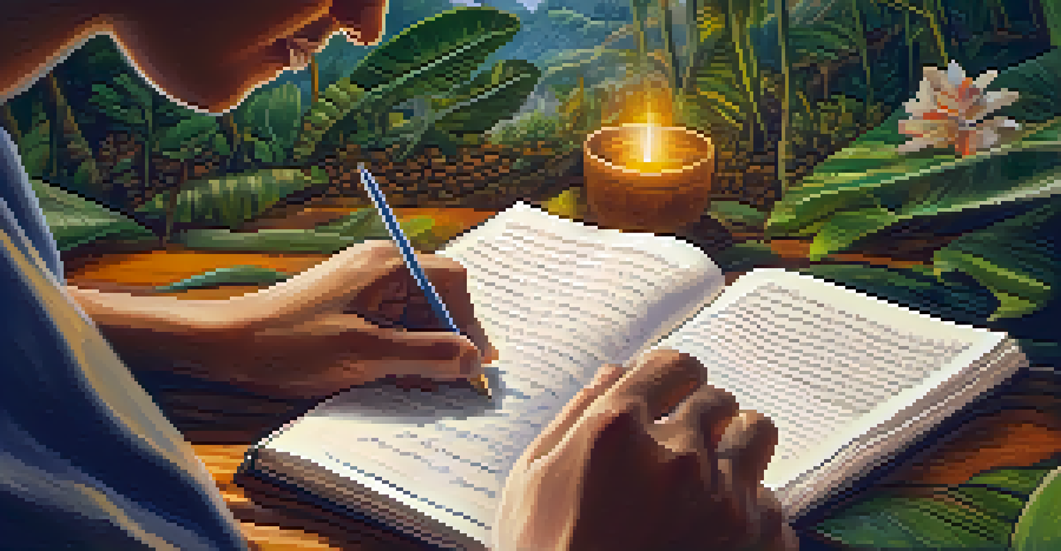 A close-up of hands writing in a journal after an Ayahuasca ceremony, surrounded by nature, symbolizing reflection.