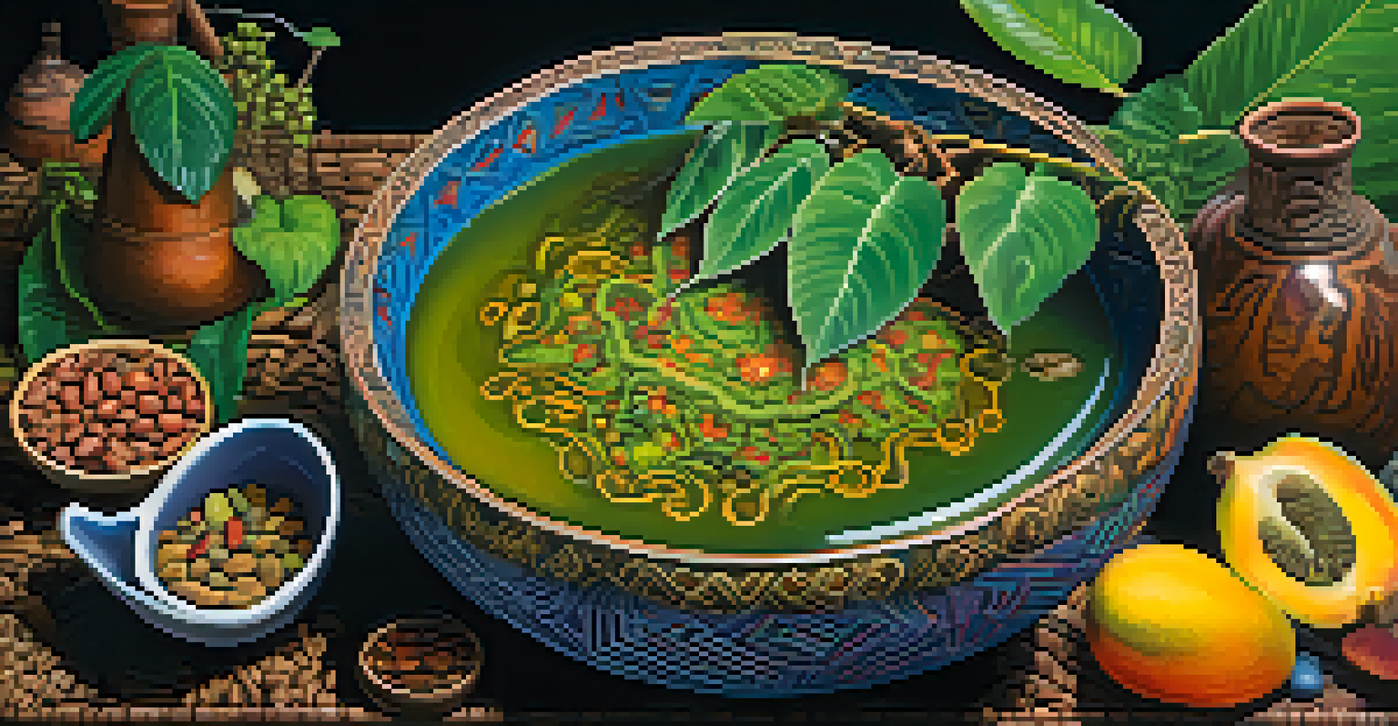 A detailed close-up of an Ayahuasca brew in a traditional bowl with Amazonian plants, showcasing the textures and colors.
