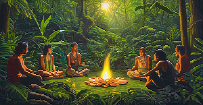 A group of individuals sitting in a circle during an Ayahuasca ceremony in a rainforest, surrounded by greenery and soft lighting.