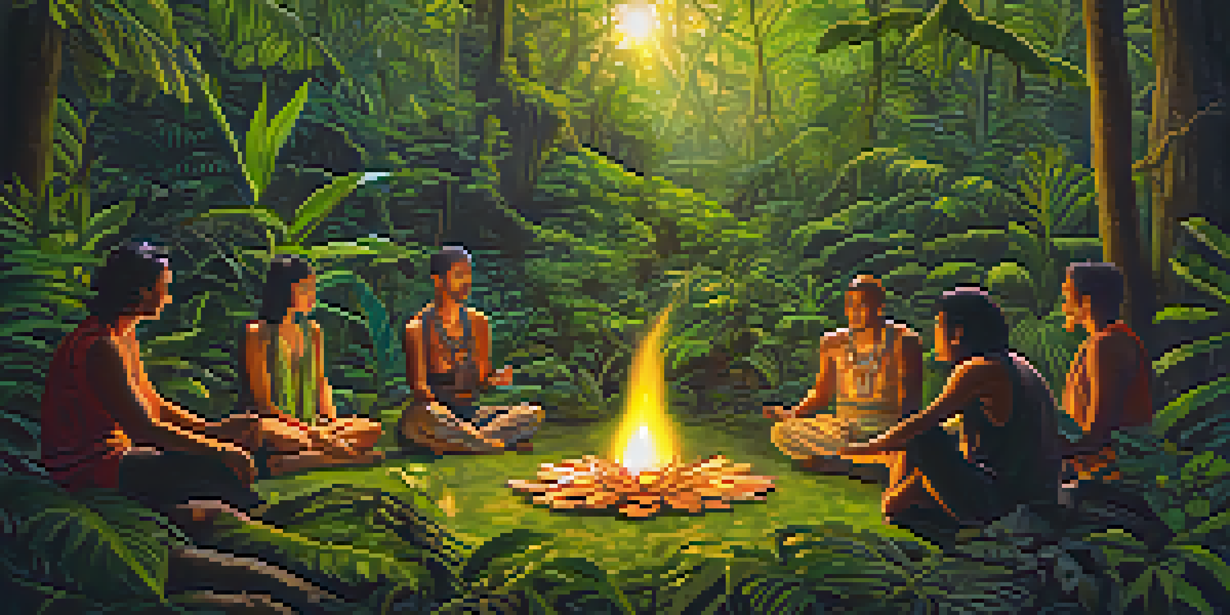 A group of individuals sitting in a circle during an Ayahuasca ceremony in a rainforest, surrounded by greenery and soft lighting.