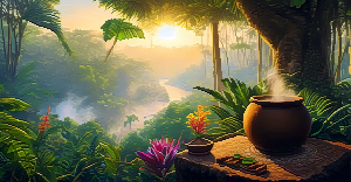 A tranquil Amazon rainforest at dawn with mist, featuring a clay pot of Ayahuasca brew and lush greenery.