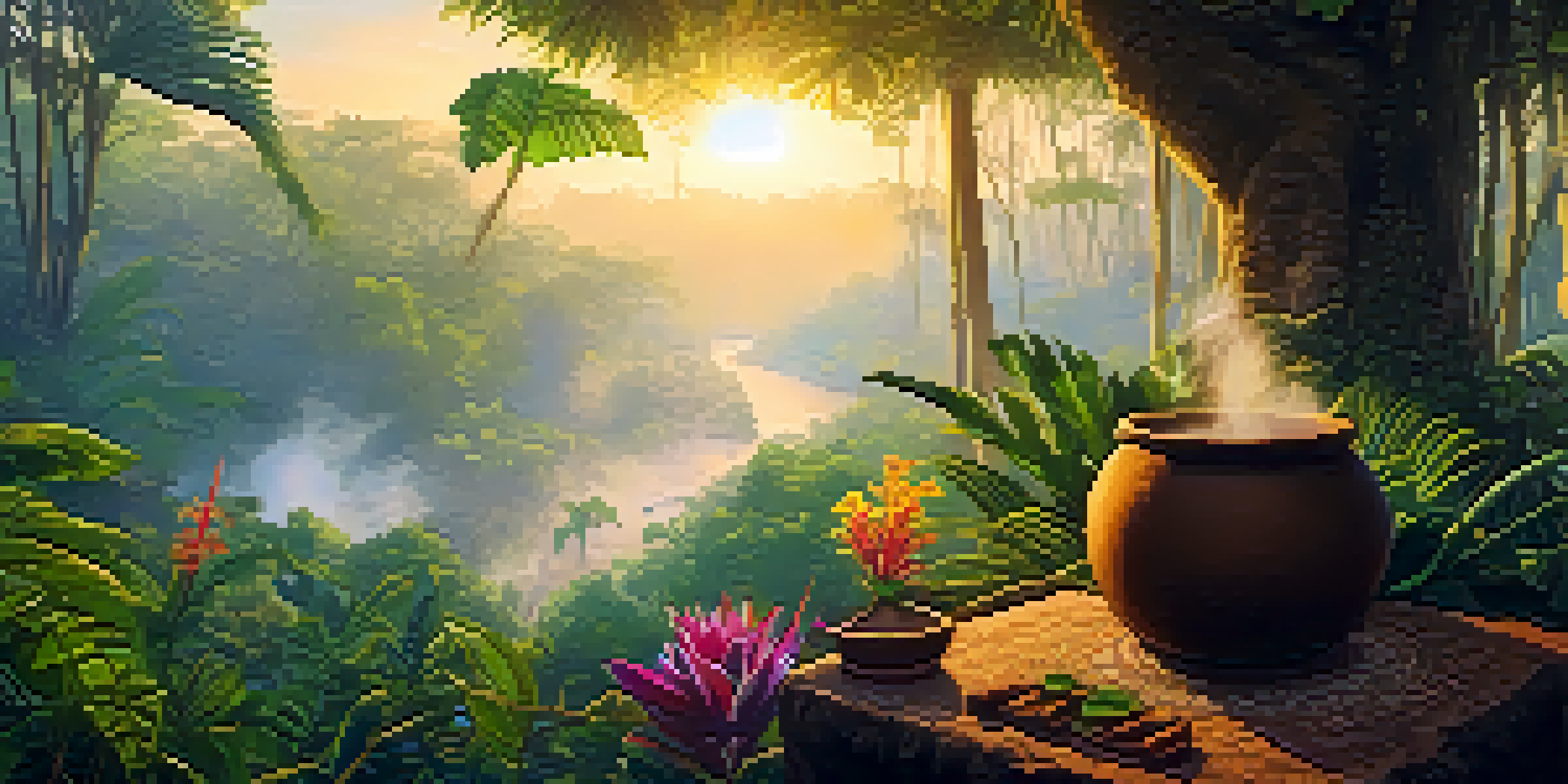 A tranquil Amazon rainforest at dawn with mist, featuring a clay pot of Ayahuasca brew and lush greenery.